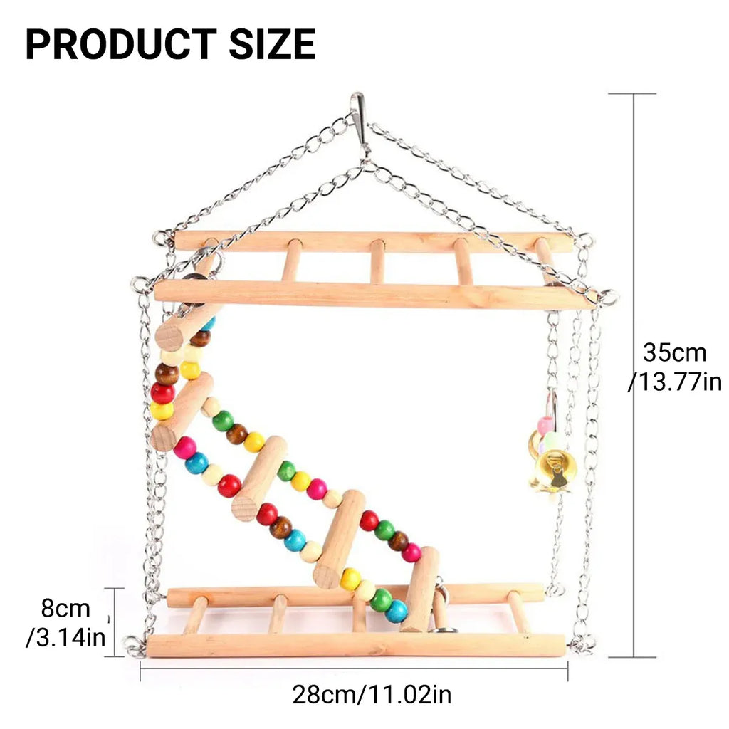 Bird Ladder Swing Toy Double Layer Wooden Ring Bell for Parrots