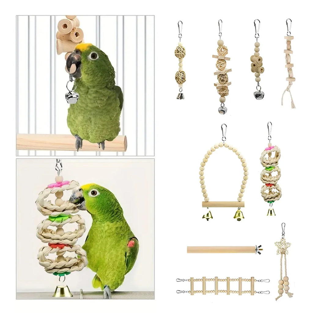Bird Chew Toys Wooden Color 9-Piece Set Swing Hanging Bridge for Parrots AUS