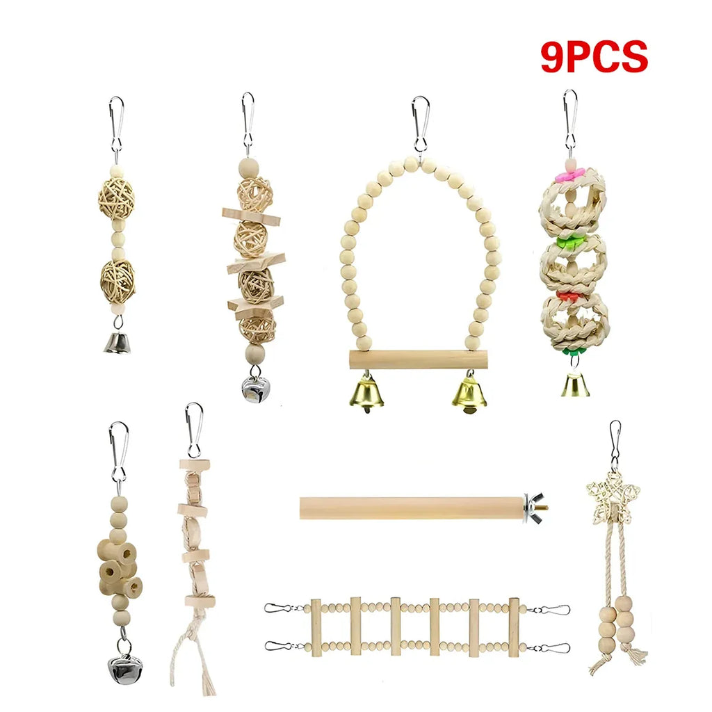 Bird Chew Toys Wooden Color 9-Piece Set Swing Hanging Bridge for Parrots AUS