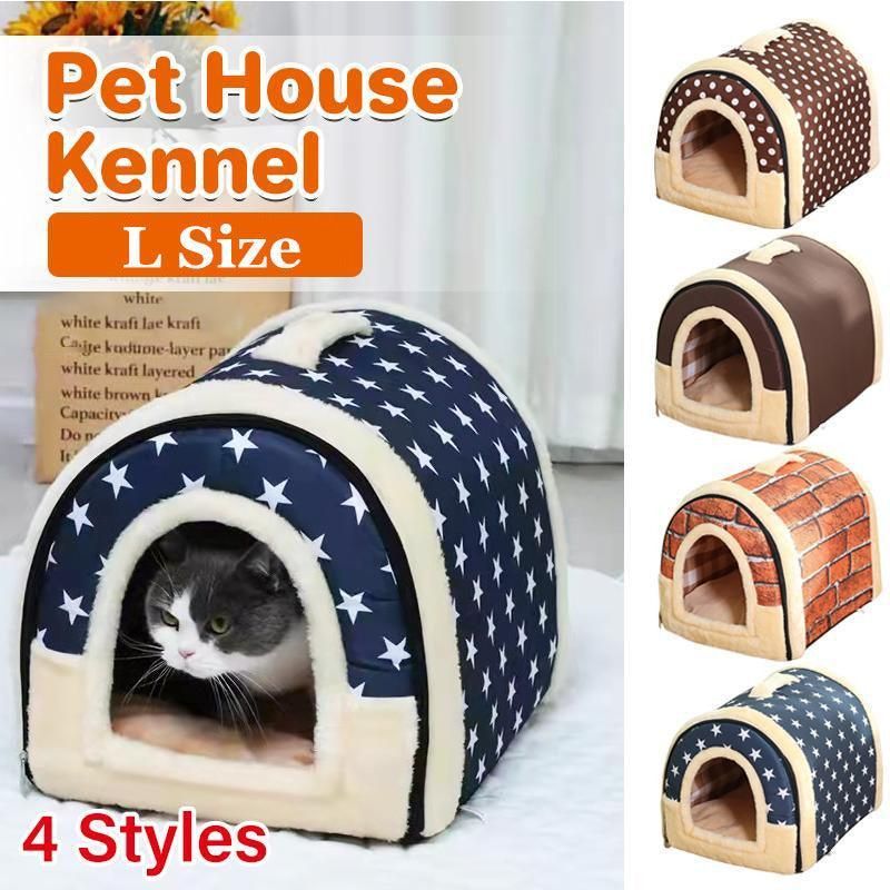 L Size Pet House Kennel Soft Igloo Beds Cave Cat Puppy Bed Warm Cushion Fold - Brown Dots