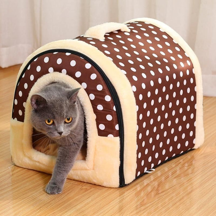 L Size Pet House Kennel Soft Igloo Beds Cave Cat Puppy Bed Warm Cushion Fold - Brown Dots