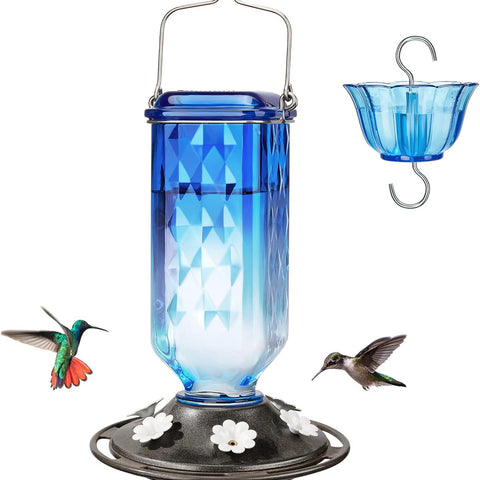 Elegant Hanging Hummingbird Feeder - Decorative Plastic Nectar Bottle with Ant Moat, 6 Feeding Ports(Blue)