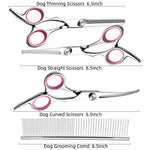 Blue and Silver Complete 5-Piece Pet Grooming Scissors Kit - Stainless Steel Straight, Curved & Thinning Shears with Comb & PU Case (6.0 Inch)