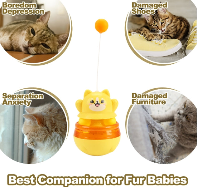 2-Piece Yellow Interactive Cat Tumbler Toy - 3-in-1 Treat Dispensing Puzzle Feeder with Ball Track & Teaser Wand