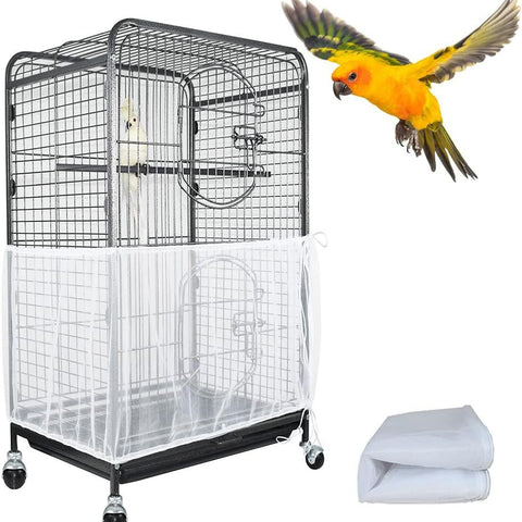 S White【Height 17, Circumference 110】 Large Bird Cage Seed Catcher Net Cover - Adjustable Mesh Guard Splash-Proof Dust Cover for Indoor Outdoor Cages