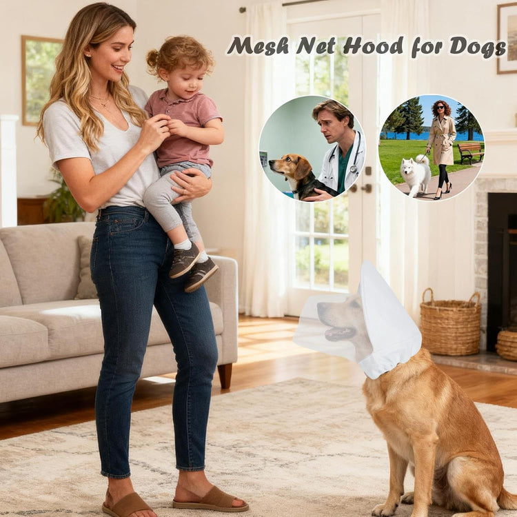 Size M White Mesh Net Hood for Dogs – Protective Face Cover Against Insects, Debris, and Oral Ingestion