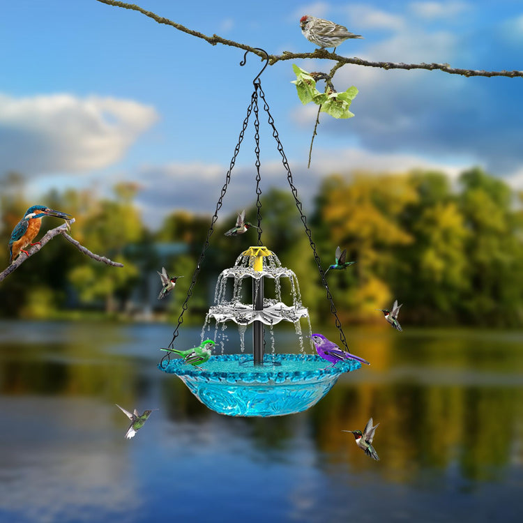 Blue Solar Hanging 3-Layer Cascade Bird Bath Fountain & Wildlife Feeder - 9.25"W Bird Bath Bowl with Solar Powered Pump for Outdoor Garden Backyard Patio Lawn