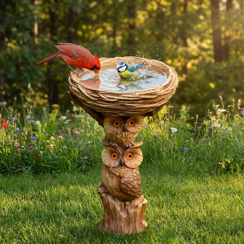Resin Bird Bath Feeder Garden Ornament with Owl Design – Tree Stump Decorative Outdoor Bird Feeder for Patio, Lawn & Yard