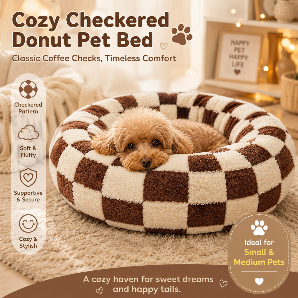 Small Medium Pet Donut Bed (Coffee plaid)-60cm outer diameter, Soft Plush Round Dog Bed and Cat Bed with Raised Rim, Cozy Calming Pet Sleeping Cushion, Checkered Washable Puppy Bed for Indoor Small Dogs Cats and Kittens