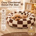 Small Medium Pet Donut Bed (Coffee plaid)-60cm outer diameter, Soft Plush Round Dog Bed and Cat Bed with Raised Rim, Cozy Calming Pet Sleeping Cushion, Checkered Washable Puppy Bed for Indoor Small Dogs Cats and Kittens