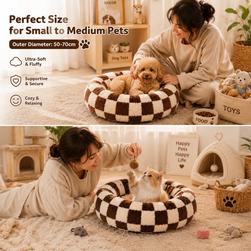Small Medium Pet Donut Bed (Coffee plaid)-60cm outer diameter, Soft Plush Round Dog Bed and Cat Bed with Raised Rim, Cozy Calming Pet Sleeping Cushion, Checkered Washable Puppy Bed for Indoor Small Dogs Cats and Kittens