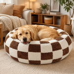 Small Medium Pet Donut Bed (Coffee plaid)-60cm outer diameter, Soft Plush Round Dog Bed and Cat Bed with Raised Rim, Cozy Calming Pet Sleeping Cushion, Checkered Washable Puppy Bed for Indoor Small Dogs Cats and Kittens