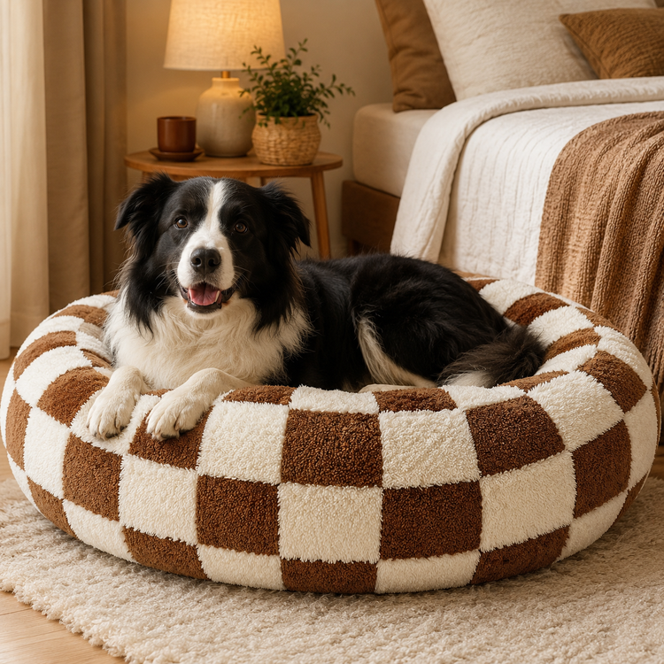 Small Medium Pet Donut Bed (Coffee plaid)-60cm outer diameter, Soft Plush Round Dog Bed and Cat Bed with Raised Rim, Cozy Calming Pet Sleeping Cushion, Checkered Washable Puppy Bed for Indoor Small Dogs Cats and Kittens