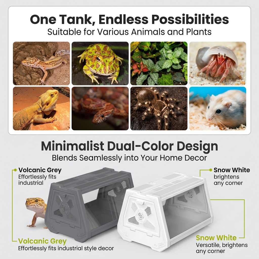 White Desktop Reptile Terrarium Enclosure 27x19x19cm with Double Door Opening and Ventilation for Small Reptiles, Amphibians and Plants